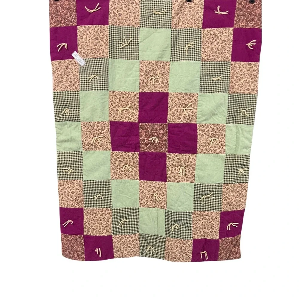 Vintage Primitive Patchwork Quilt Throw Burgundy Sage Green Plaid 40x43